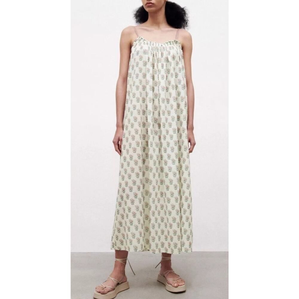 Zara Cream Maxi Dress with Green Printed Motif